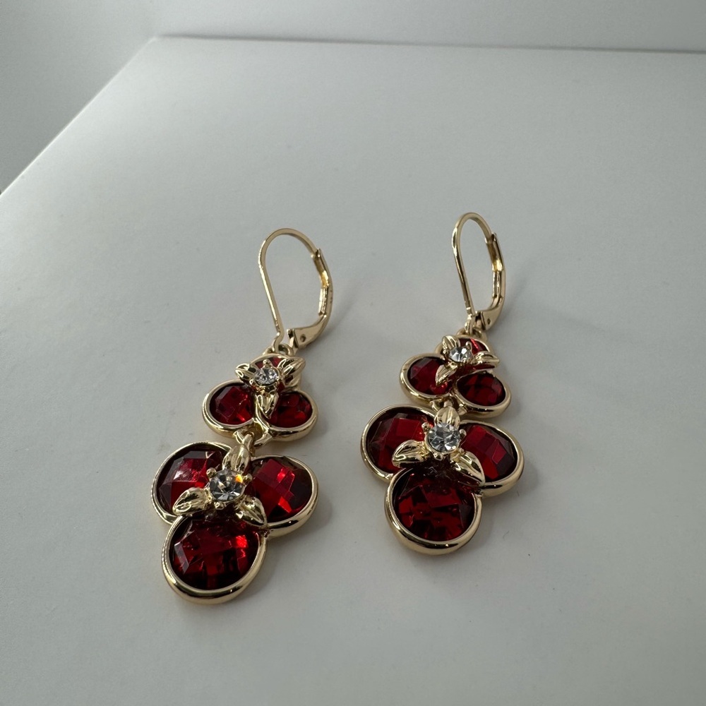 Red and Gold Floral dangle Earrings - Picture 2 of 8